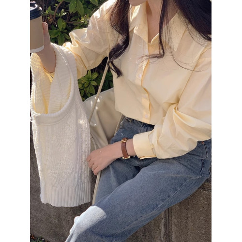 淡黃色氣質襯衫女高級感輕奢上衣2025春秋季新款純棉寬松長袖襯衣 淡黃色氣質襯衫女高級感輕奢上衣2025春秋季新款純棉寬松長袖襯衣