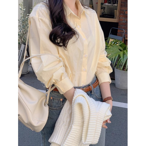 淡黃色氣質襯衫女高級感輕奢上衣2025春秋季新款純棉寬松長袖襯衣 淡黃色氣質襯衫女高級感輕奢上衣2025春秋季新款純棉寬松長袖襯衣