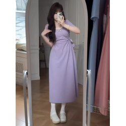 大碼法式茶歇風掐腰超火連衣裙2025夏季胖mm顯瘦紫色中長款小裙子