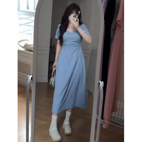 大碼法式茶歇風掐腰超火連衣裙2025夏季胖mm顯瘦紫色中長款小裙子