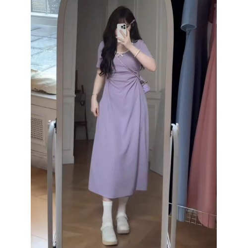 大碼法式茶歇風掐腰超火連衣裙2025夏季胖mm顯瘦紫色中長款小裙子