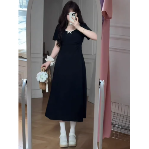 大碼法式茶歇風掐腰超火連衣裙2025夏季胖mm顯瘦紫色中長款小裙子