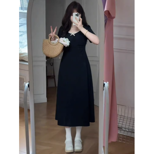 大碼法式茶歇風掐腰超火連衣裙2025夏季胖mm顯瘦紫色中長款小裙子