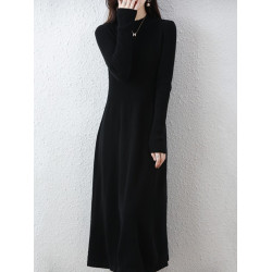 2023秋冬新款A字連衣裙女中長款半高領毛衣過膝顯瘦針織羊絨長裙