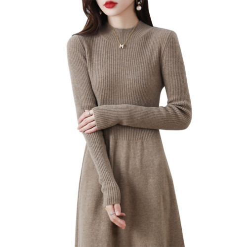 2023秋冬新款A字連衣裙女中長款半高領毛衣過膝顯瘦針織羊絨長裙