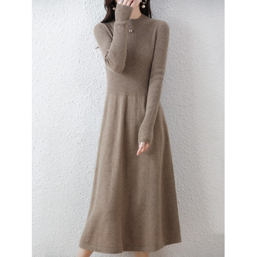 2023秋冬新款A字連衣裙女中長款半高領毛衣過膝顯瘦針織羊絨長裙