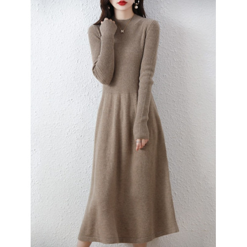 2023秋冬新款A字連衣裙女中長款半高領毛衣過膝顯瘦針織羊絨長裙