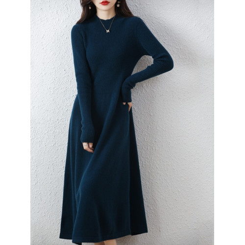 2023秋冬新款A字連衣裙女中長款半高領毛衣過膝顯瘦針織羊絨長裙