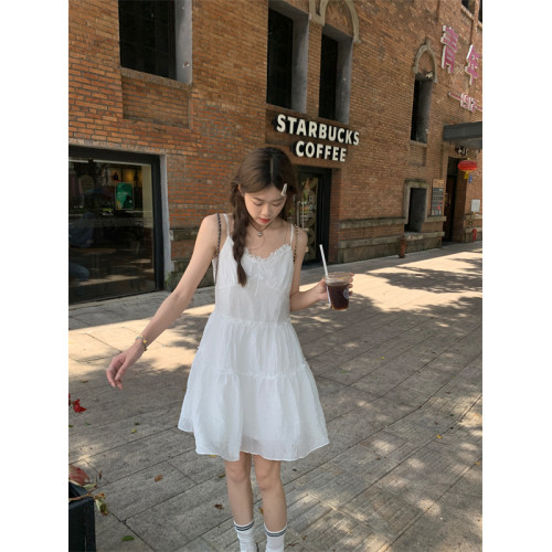 PPHOME溫柔奶格~小個子白色蕾絲花邊吊帶裙女夏季A字蓬蓬裙連衣裙