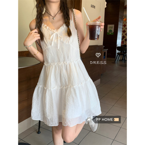 PPHOME溫柔奶格~小個子白色蕾絲花邊吊帶裙女夏季A字蓬蓬裙連衣裙