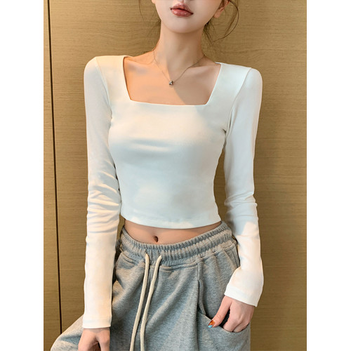 白色方領打底衫女內搭純棉2025春夏短款長袖t恤顯瘦緊身洋氣上衣