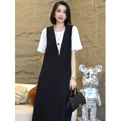大碼通勤百搭V領背心連衣裙女2025夏季新款休閒短袖背帶裙兩件套