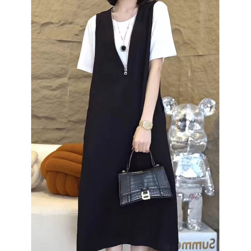 大碼通勤百搭V領背心連衣裙女2025夏季新款休閒短袖背帶裙兩件套