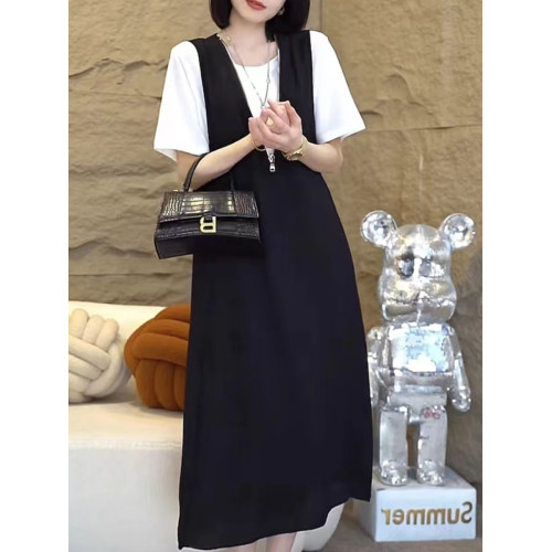 大碼通勤百搭V領背心連衣裙女2025夏季新款休閒短袖背帶裙兩件套