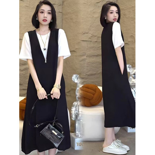 大碼通勤百搭V領背心連衣裙女2025夏季新款休閒短袖背帶裙兩件套