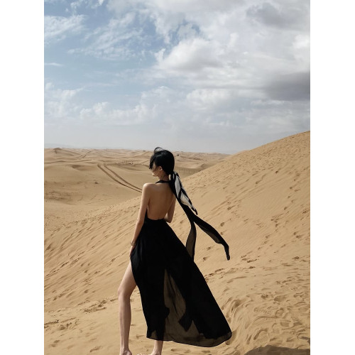 沙漠度假裙拍照好看的黑色旅遊裙子海邊連衣裙夏季沙灘裙女超仙