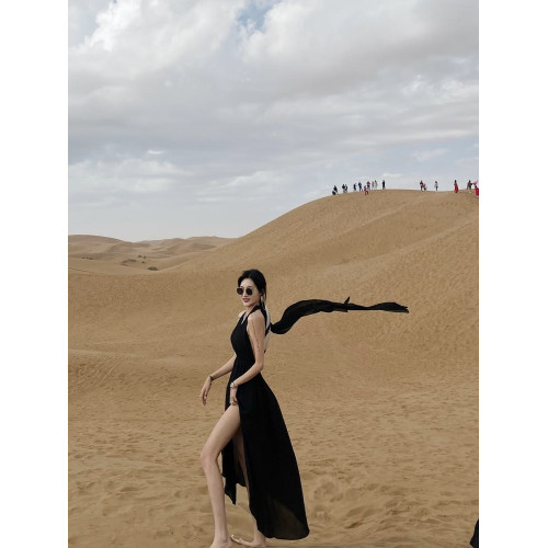 沙漠度假裙拍照好看的黑色旅遊裙子海邊連衣裙夏季沙灘裙女超仙