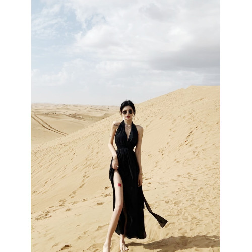 沙漠度假裙拍照好看的黑色旅遊裙子海邊連衣裙夏季沙灘裙女超仙