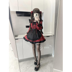 喵餅餅：萬聖節女僕裝暗黑系哥特風小惡魔黑紅長袖洛麗塔連衣裙