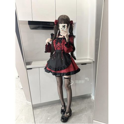 喵餅餅：萬聖節女僕裝暗黑系哥特風小惡魔黑紅長袖洛麗塔連衣裙