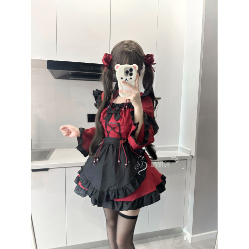 喵餅餅：萬聖節女僕裝暗黑系哥特風小惡魔黑紅長袖洛麗塔連衣裙
