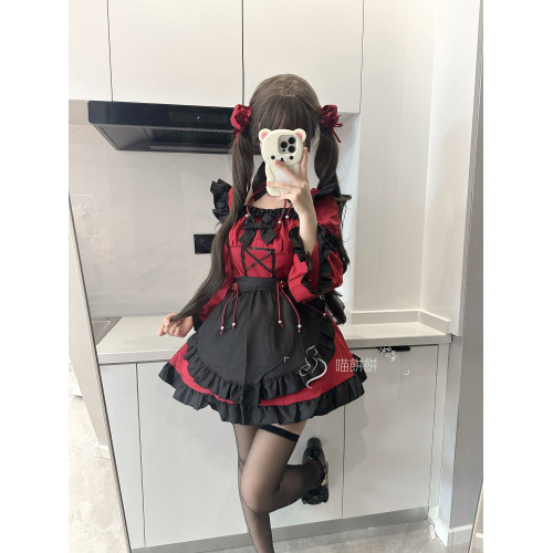 喵餅餅：萬聖節女僕裝暗黑系哥特風小惡魔黑紅長袖洛麗塔連衣裙