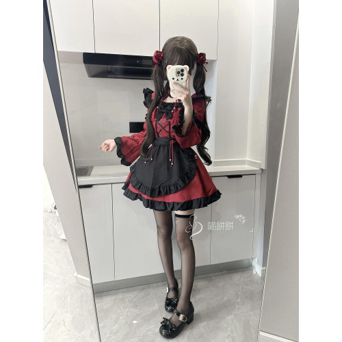 喵餅餅：萬聖節女僕裝暗黑系哥特風小惡魔黑紅長袖洛麗塔連衣裙