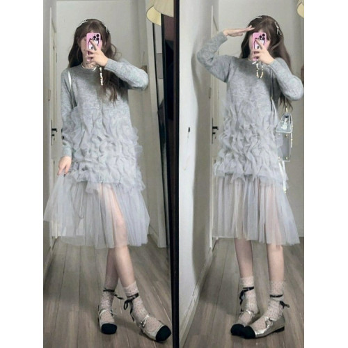 法式氣質高級感超仙女網紗針織連衣裙女秋季設計感小衆溫柔風長裙