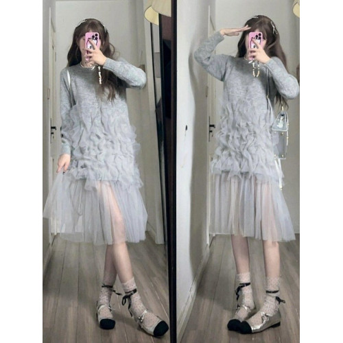 法式氣質高級感超仙女網紗針織連衣裙女秋季設計感小衆溫柔風長裙