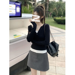 法式假兩件連帽打底衫長袖t恤女士春秋冬新款小個子內搭短款上衣