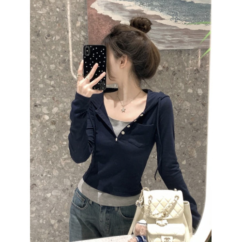 法式假兩件連帽打底衫長袖t恤女士春秋冬新款小個子內搭短款上衣