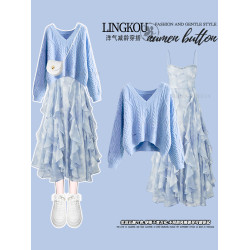 大碼減齡高級感套裝春秋針織寬松毛衣搭配氣質顯瘦仙女吊帶連衣裙