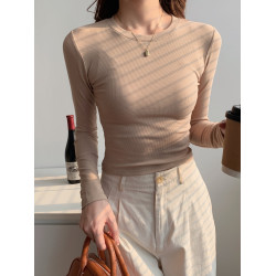 春秋冬螺紋修身t恤長袖正肩磨毛緊身打底衫基礎款小衫短款上衣女