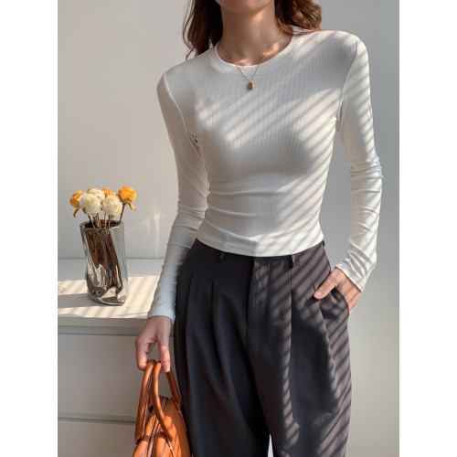 春秋冬螺紋修身t恤長袖正肩磨毛緊身打底衫基礎款小衫短款上衣女