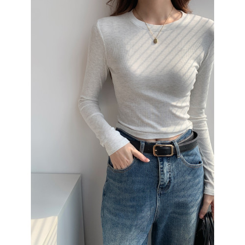 春秋冬螺紋修身t恤長袖正肩磨毛緊身打底衫基礎款小衫短款上衣女