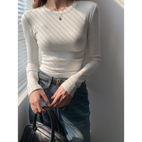 春秋冬螺紋修身t恤長袖正肩磨毛緊身打底衫基礎款小衫短款上衣女