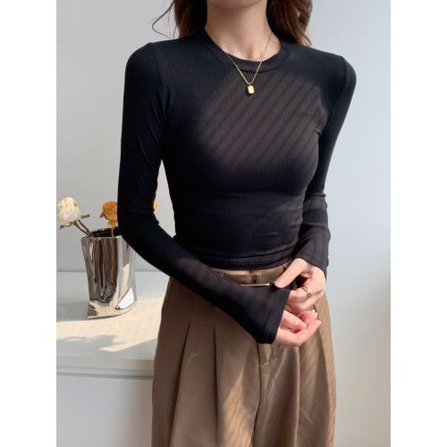 春秋冬螺紋修身t恤長袖正肩磨毛緊身打底衫基礎款小衫短款上衣女