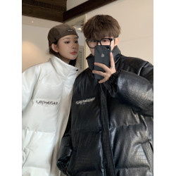 韓版鱷魚紋情侶羽絨服ins潮免洗PU立領皮衣麵包服女棉服冬季外套