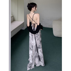 國風新中式水墨畫紥染長款修身露背吊帶掛脖連衣裙配開衫兩件套裝