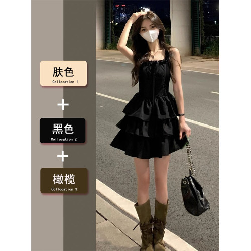 2025新款法式黑色吊帶連衣裙子女夏掐腰顯瘦氣質絕美公主蓬蓬裙