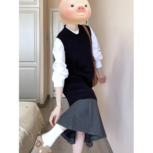 秋冬韓系穿搭一整套赫本風黑色馬甲連衣裙子套裝女裝2025新款長裙
