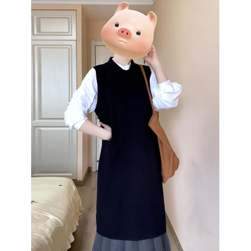 秋冬韓系穿搭一整套赫本風黑色馬甲連衣裙子套裝女裝2025新款長裙