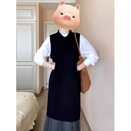 秋冬韓系穿搭一整套赫本風黑色馬甲連衣裙子套裝女裝2025新款長裙