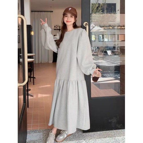 長款過膝衛衣連衣裙女2025春季新款胖mm寬松簡約魚尾減齡a字裙子