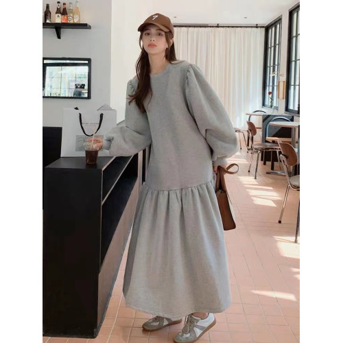 長款過膝衛衣連衣裙女2025春季新款胖mm寬松簡約魚尾減齡a字裙子