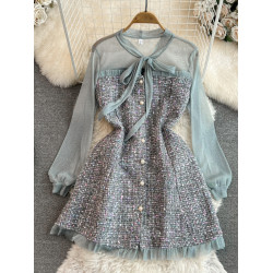 秋冬小香風名媛氣質網紗長袖蝴蝶結系帶收腰顯瘦a字粗花呢連衣裙