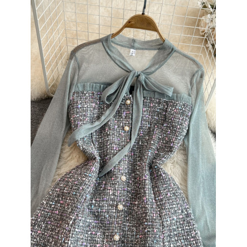 秋冬小香風名媛氣質網紗長袖蝴蝶結系帶收腰顯瘦a字粗花呢連衣裙