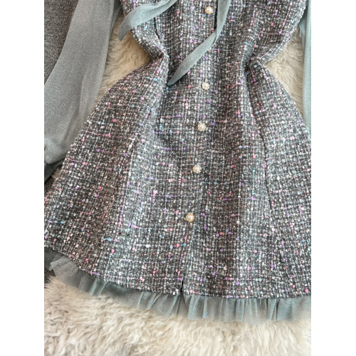 秋冬小香風名媛氣質網紗長袖蝴蝶結系帶收腰顯瘦a字粗花呢連衣裙