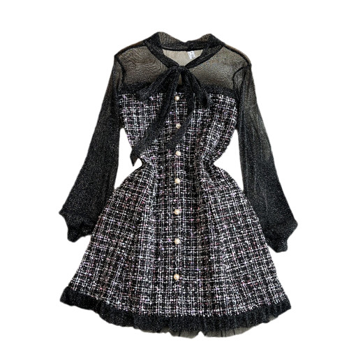 秋冬小香風名媛氣質網紗長袖蝴蝶結系帶收腰顯瘦a字粗花呢連衣裙