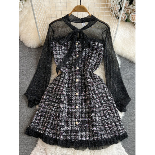 秋冬小香風名媛氣質網紗長袖蝴蝶結系帶收腰顯瘦a字粗花呢連衣裙